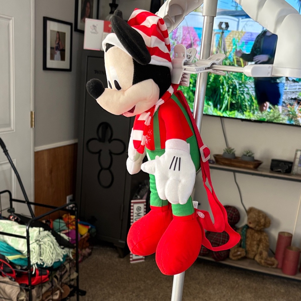 Mickey Tiny backpack Festive Plush Toy with Red and Green Outfit - Picture 2 of 4